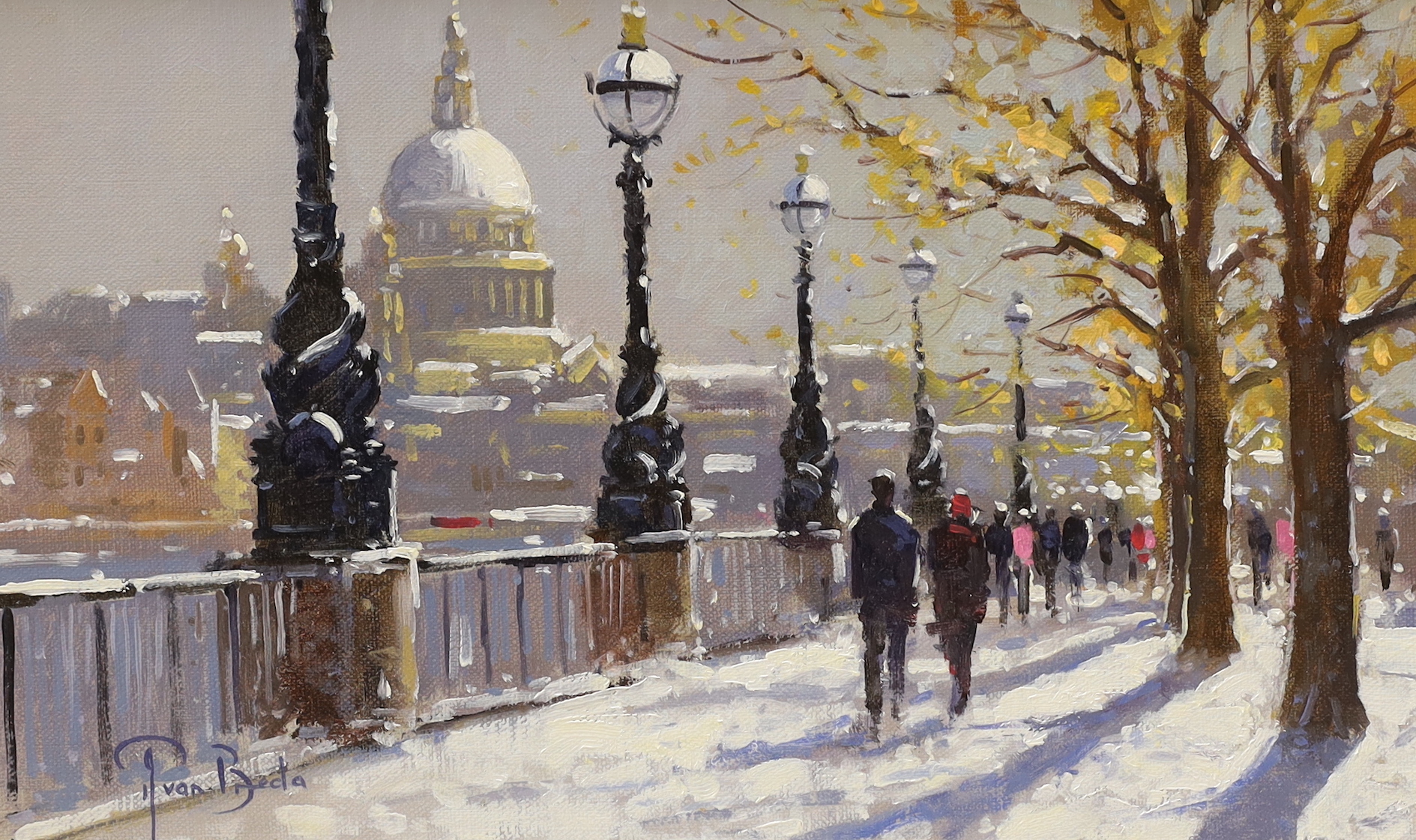 Peter Van Breda (b.1957), impressionist oil on canvas, 'Snow, South Bank towards St. Paul's, London', signed, inscribed verso, 21 x 34cm